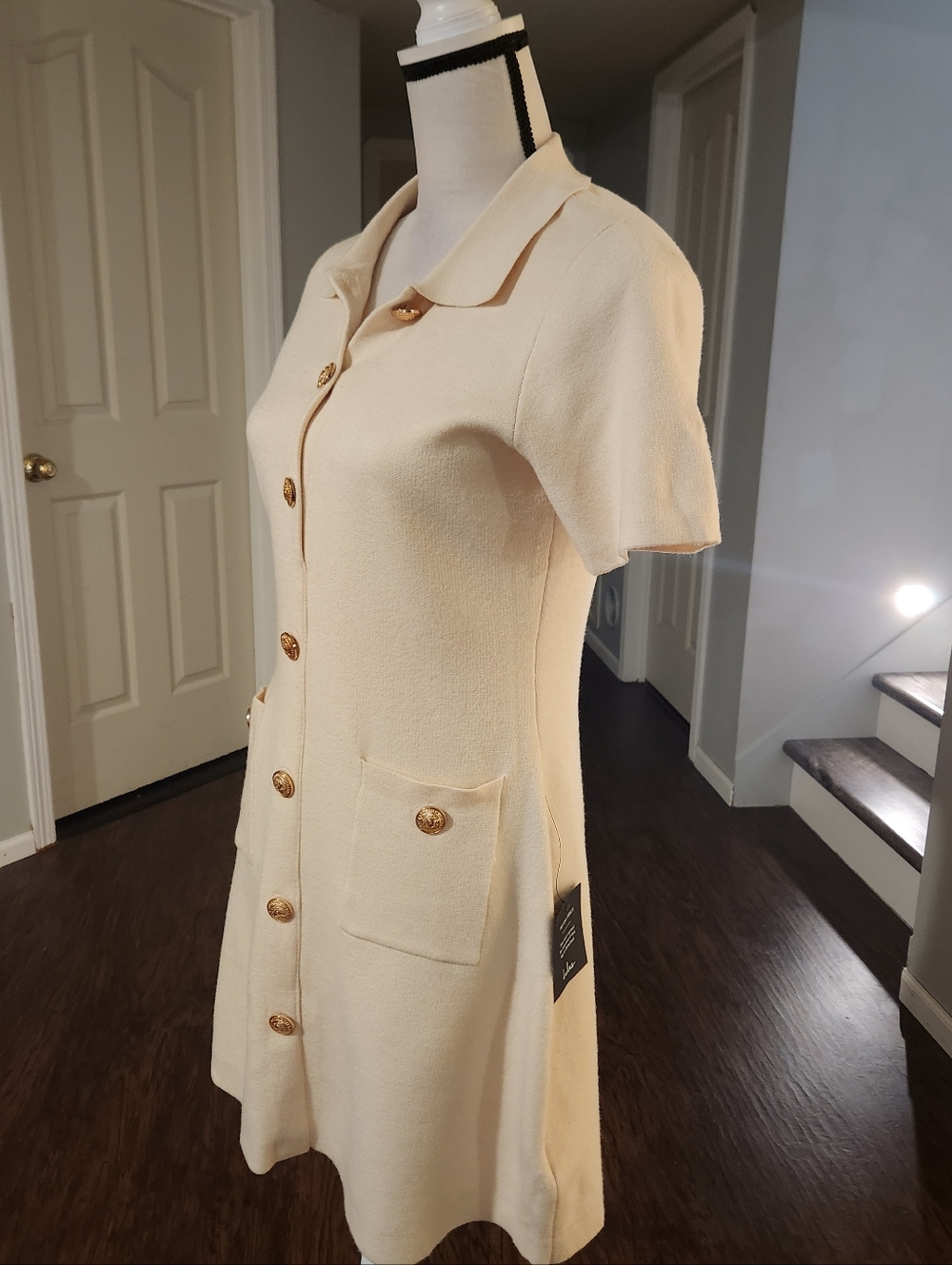 NWT Lulus Cream Quiet Luxury Capsule Gold Button Pocket Knit Collar Dress - Picture 6 of 9